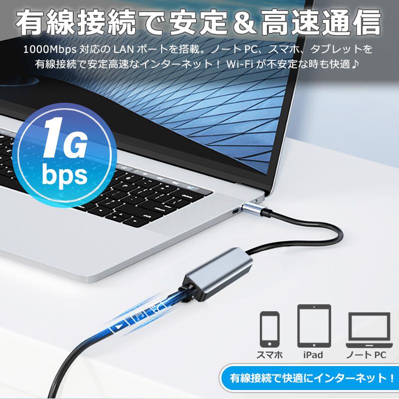 1000Mbps 1Gbps イーサネット 2in1 USB-C USB-A 両対応 LAN ハブ RJ45 有線接続 高速 Type-C ハブ USB 変換 アダプタ ケーブル スマホ｜newidea｜03