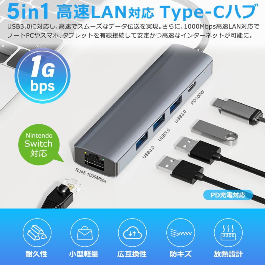 USB C ハブ 5in1 Type-C Hub USB3.0 PD対応 RJ45 高速 LAN 1000Mbps