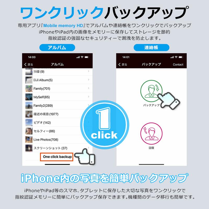 iOS対応 指紋認証 USB 64GB フラッシュ メモリ 2ポート対応 高速認識 