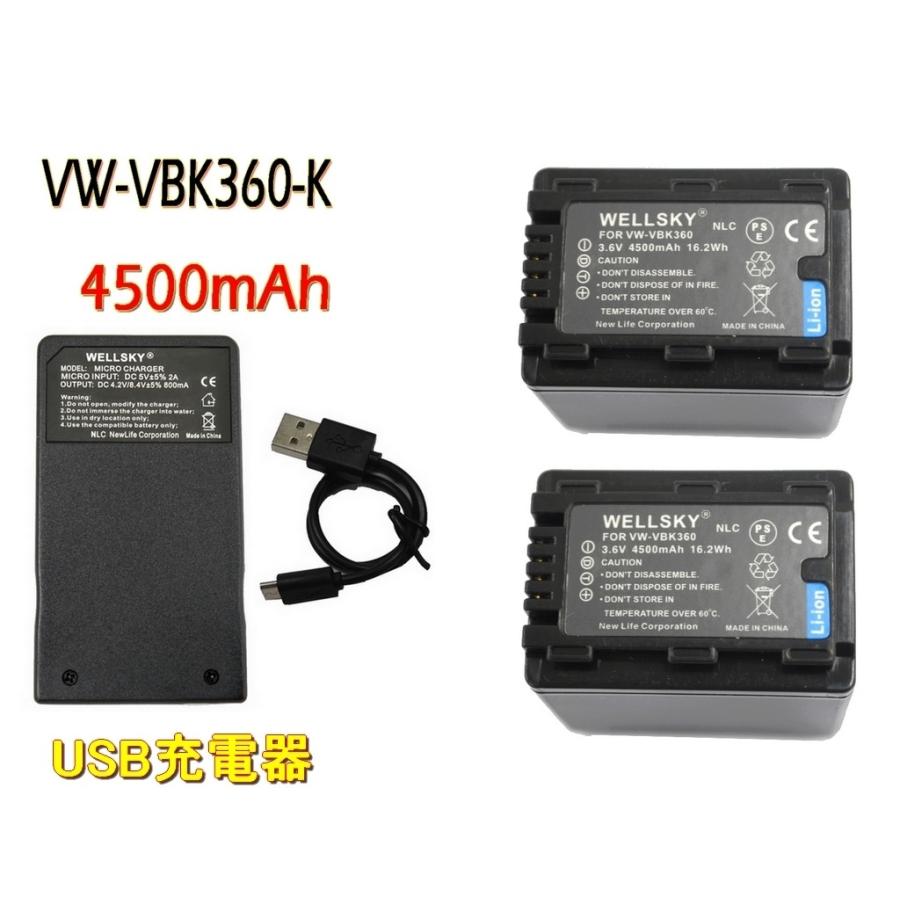 Panasonic パナソニック VW-VBK360 VW-VBK360-K 互換バッテリー 2個 超軽量 USB Type-C 急速 互換充電器  VW-BC10-K VW-BC10 1個 [ 3点セット ]