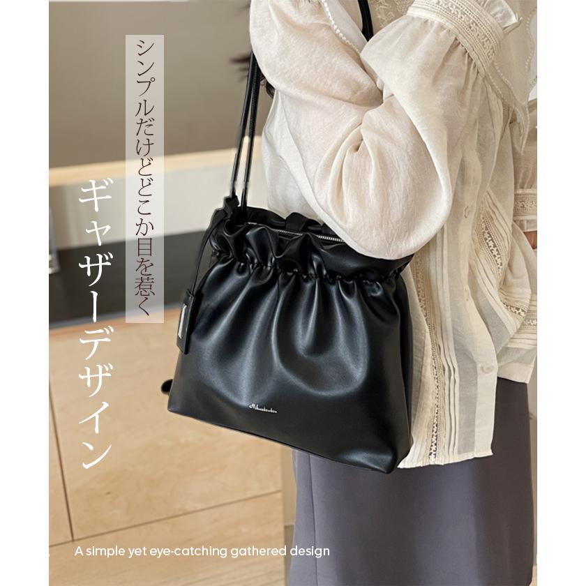バッグ レディース 春 ギャザー フェイクレザー ハンドバッグ 斜めかけ