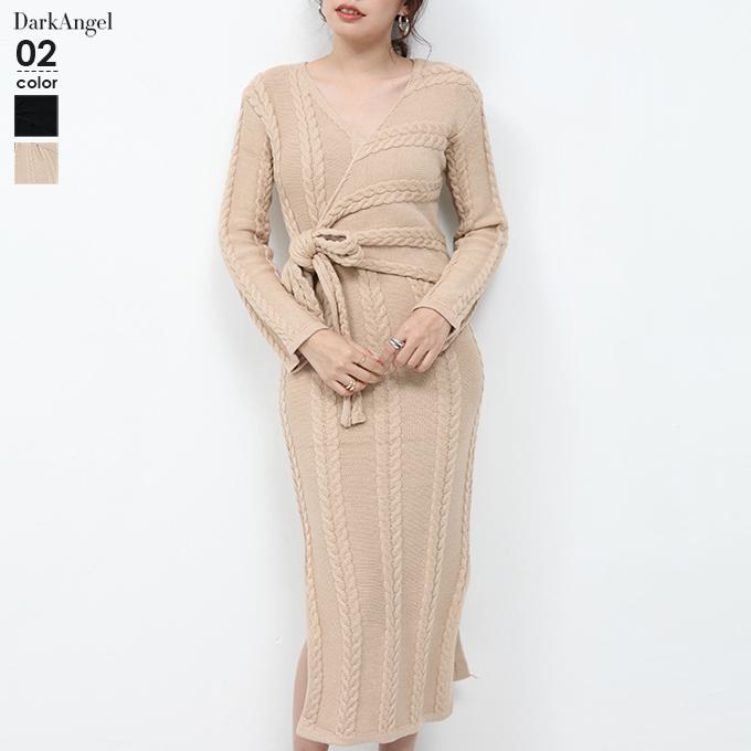 ニット ワンピース Vネック 冬 30代 40代 ロング ミモレ丈 長袖 タイト レディース スリット ロープ編み きれいめ オフィス 綿 無地 冬 秋冬 新作 Op11 2631 Dark Angel ダークエンジェル 通販 Yahoo ショッピング