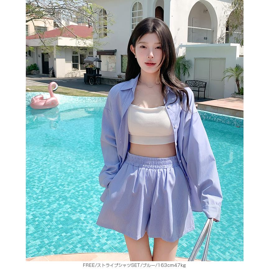 ストライプシャツラッシュガード ママ水着 服見え ストライプシャツ