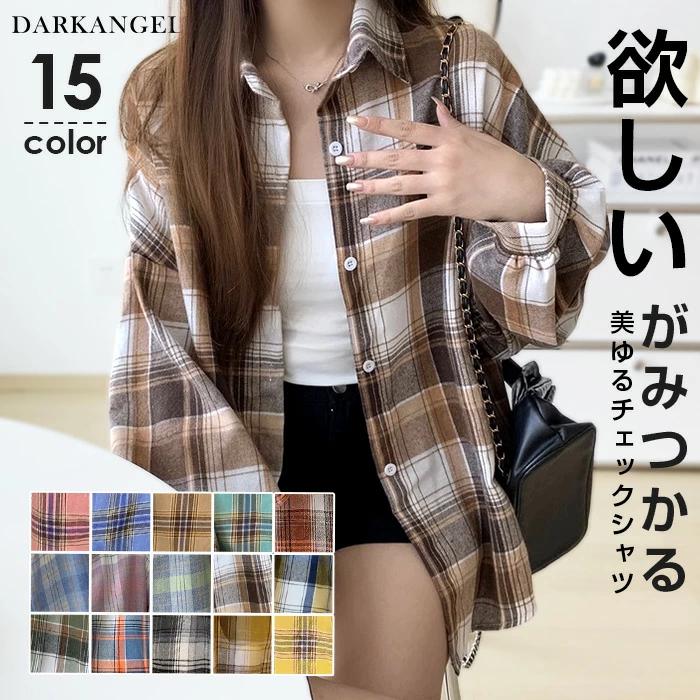 Dark Angel ドロップショルダーチェックシャツ ブラウス 秋 Dark Angel ドロップショルダーチェックシャツ ブラウス 秋