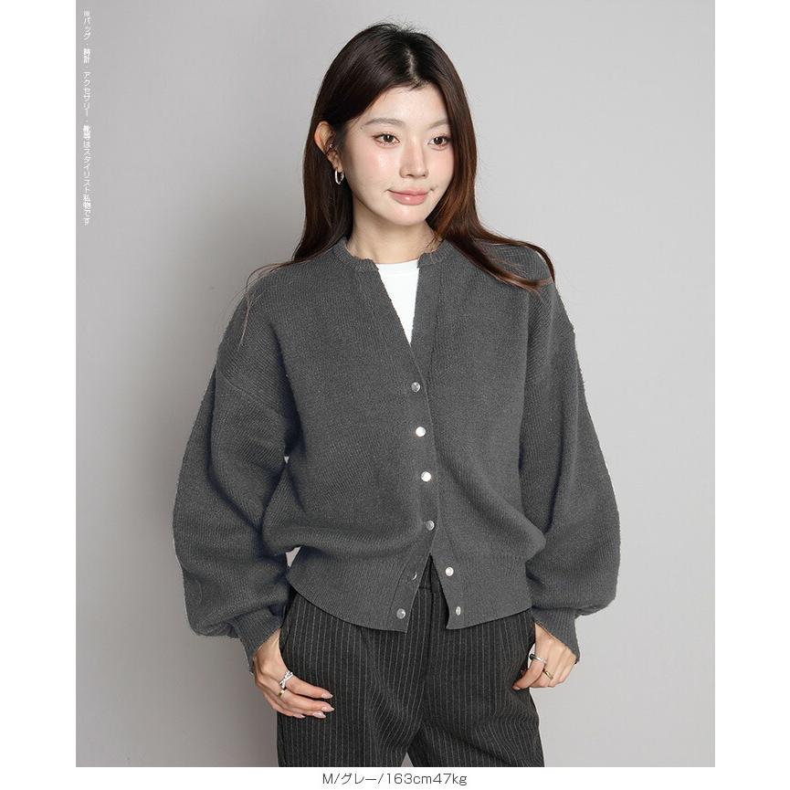 トップス カーディガン キーネック スナップボタン ニットカーディガン