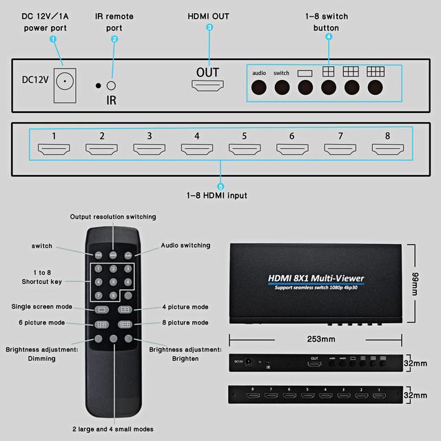 Hdmi 4Kクアッドコアマルチビューアースクリーン,シームレススイッチ付き8 in 1出力,HDMIスイッチアダプター,ir付き｜newold-goods｜05