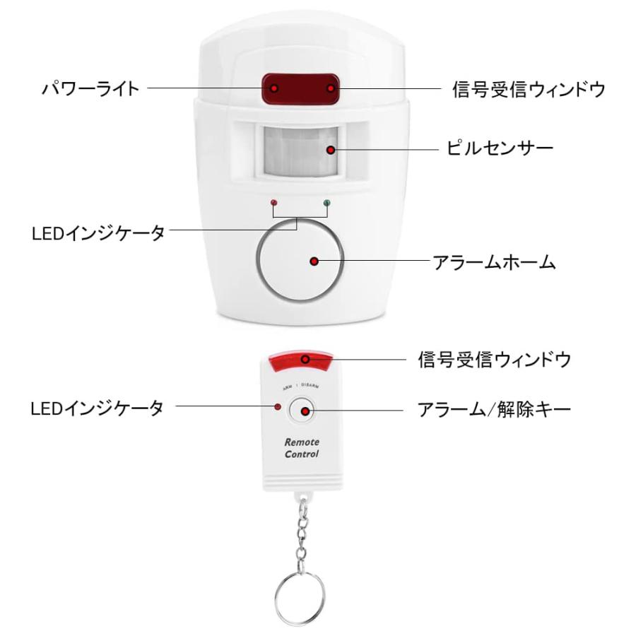 警報アラーム 防犯アラーム 赤外線センサー セキュリティー 屋外/屋内セキュリティ自動 PIRモーションセンサー 105dB 大音量 2個リモコン｜newpark｜04