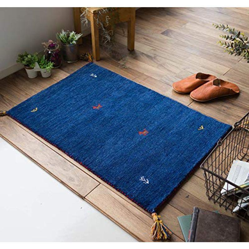 サヤンサヤン 手織り ギャベ 60x90 ギャッベ 玄関マット ギャベ ホットカーペット マット 室内 屋内 ブルー 60x90