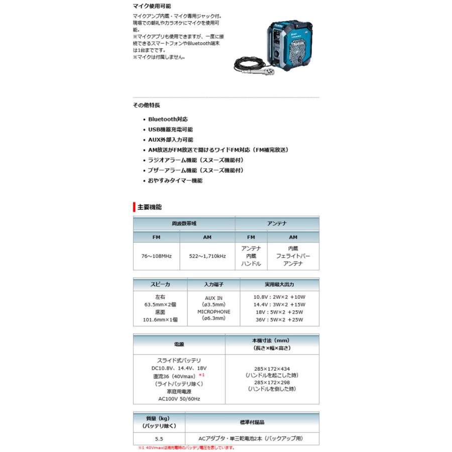 マキタ MR005GZO 充電式ラジオ(Bluetooth・USB接続タイプ)トリプルスピーカ＋マルチアンプ オリーブ色 本体のみ(バッテリ・充電器別売)｜newstagetools｜04