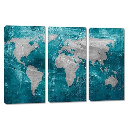 ムンセルブルー ティール世界地図 キャンバスプリント 0236 グレー 3パネルスプリット 地図全般 トリプティック ウォールアート