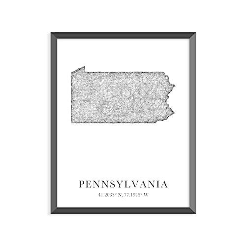 ペンシルベニア州、経度、Latitude、Cityマップ、状態Prints、アート印刷、マップ印刷、世界マップマップ、旅行、マップアート A2 Gre 地図全般