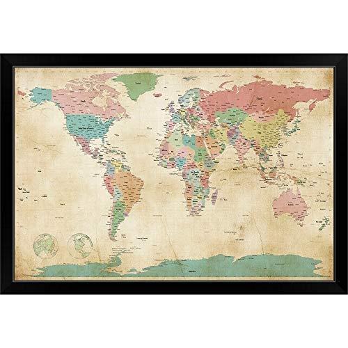 CANVAS ON DEMAND Political Map of The World Map, Antique Black Framed Art P 地図全般