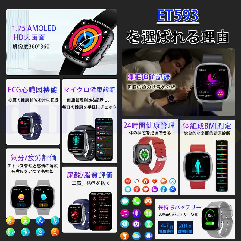 スマートウォッチ ECG心電図 血圧 体温 血中酸素 心拍数 体組成 血液