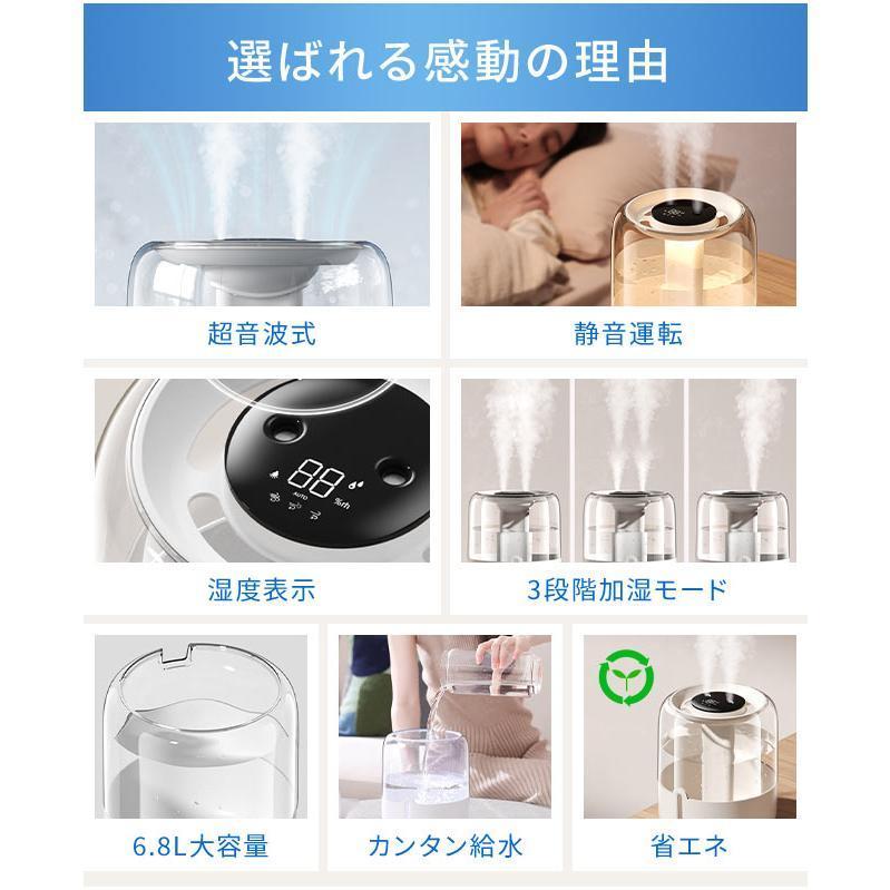 加湿器 超大容量 卓上 6.8L デュアル噴霧口 加湿機 湿度表示 3段階 超