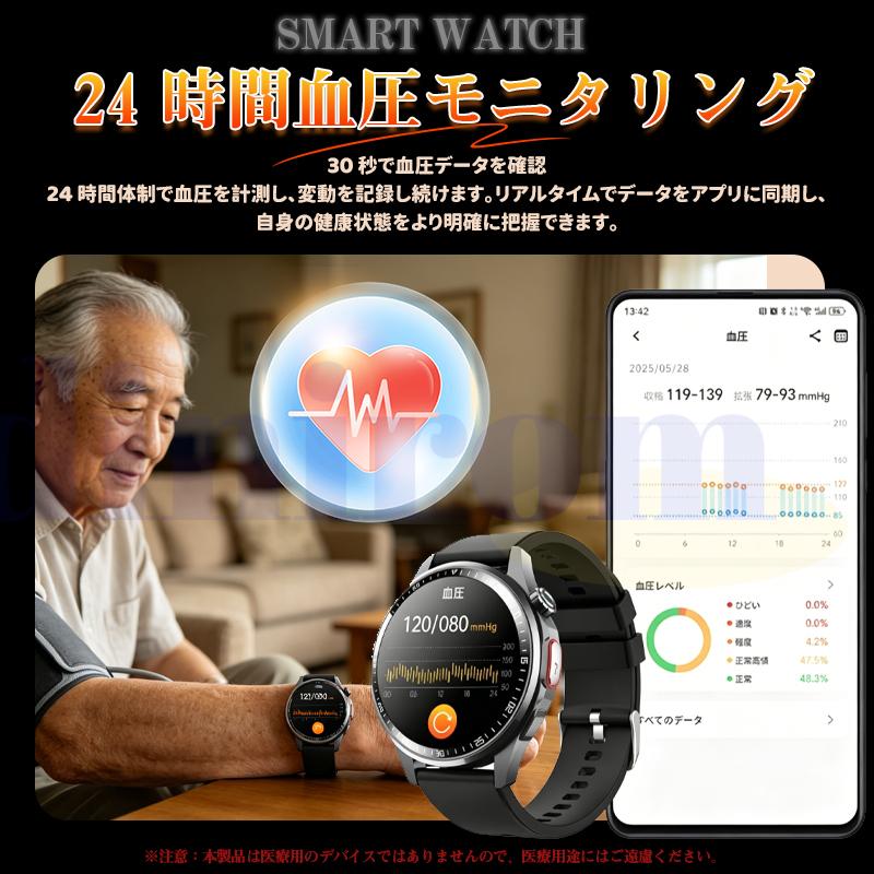 スマートウォッチ 24時間健康管理 体組成 通話機能付き 血中酸素 睡眠 歩数計 着信通知 SOS 音楽 遠隔爆買の画像