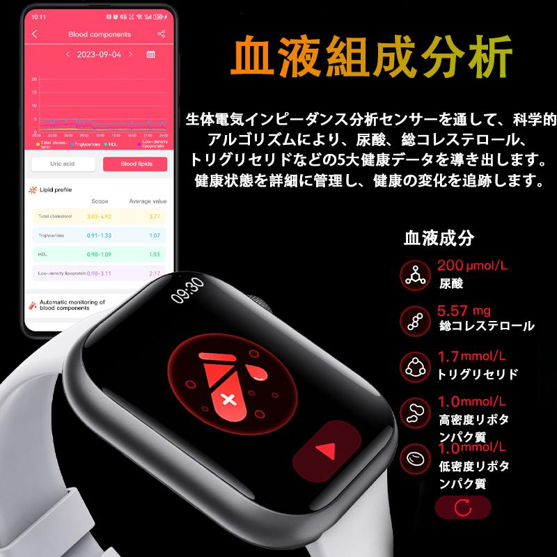 スマートウォッチ 健康-測定 bluetooth5.3通話機能 血液成分分析 体温 血圧 血中酸素 心拍数 音楽制御 睡眠監視 高精度歩数計 Line通知 女性周期管理爆買の画像
