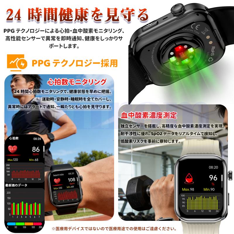 スマートウォッチ 医療レベル健康管理 高精度エアバッグ血圧測定 ECG心電図 体温 血中酸素 心拍数 SOS 高精度 健康診断 高齢者 日本製センサー爆買の画像