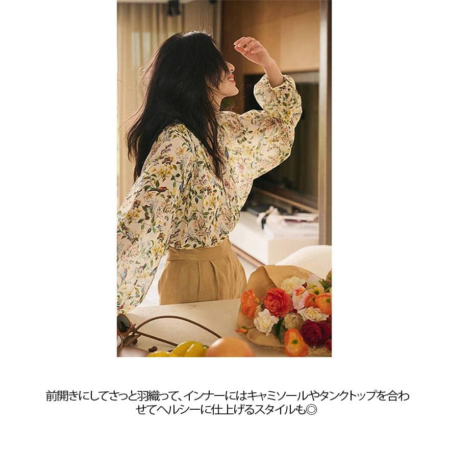 総柄 シフォン バンドカラー シャツブラウス 花柄 フラワー トップス