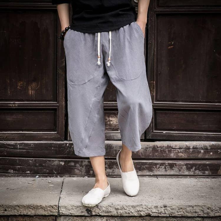バルーンパンツ 綿麻 サルエルパンツ メンズ ワイドパンツ 7分丈 吸水