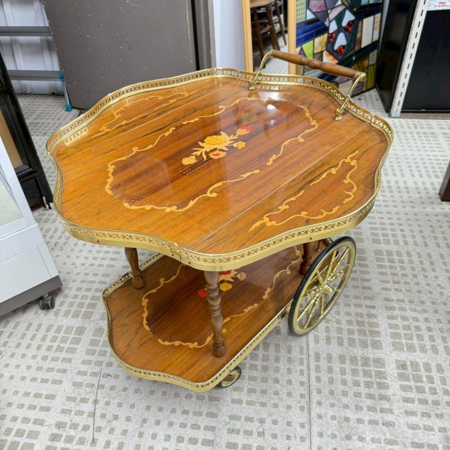 アンティーク　象嵌バタフライワゴン　キッチンワゴン　イタリア製 象嵌細工 サービスワゴン バタフライ式 キッチンワゴン イタリア製
