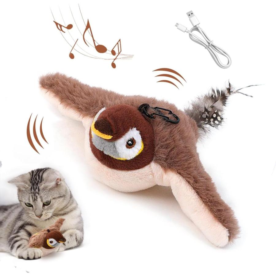猫 おもちゃ 鳥 猫用おもちゃ ぬいぐるみ玩具 ピョンピョンバード 猫 電動 タッチ起動 動くぬいぐるみ 羽ばたく 音が出る 一人遊び またたび入り 充電式 USB充電 の商品画像