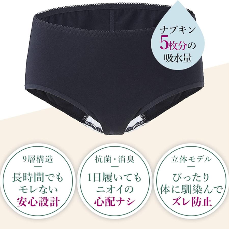 サニタリーショーツ Lサイズ 吸水パンツ レディース ブラック 黒 9層構造(ナプキン5枚分の吸収) メッシュ素材 ノンケミカル サスティナブル 生理 おりもの 爆買 |  | 02