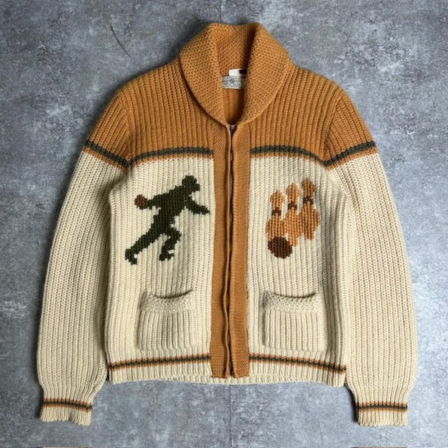 men008YU】 1960's 1970's 60s 70s カウチンニット ボーリング柄