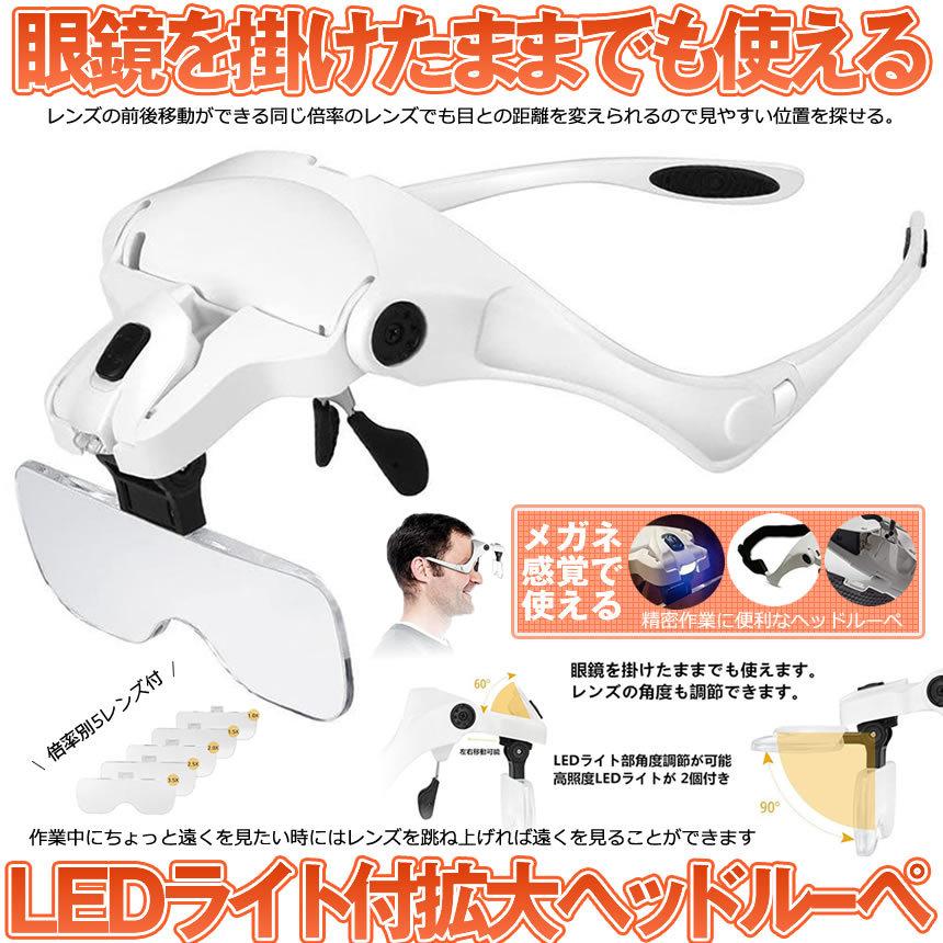 贈り物 ヘッドルーペ ルーペ メガネ Led ライト 付 拡大鏡 眼鏡の上から装着 ゴムバンド 倍率別5レンズ Diy 作業 精密作業 便利 Railoupe Wantannas Go Id