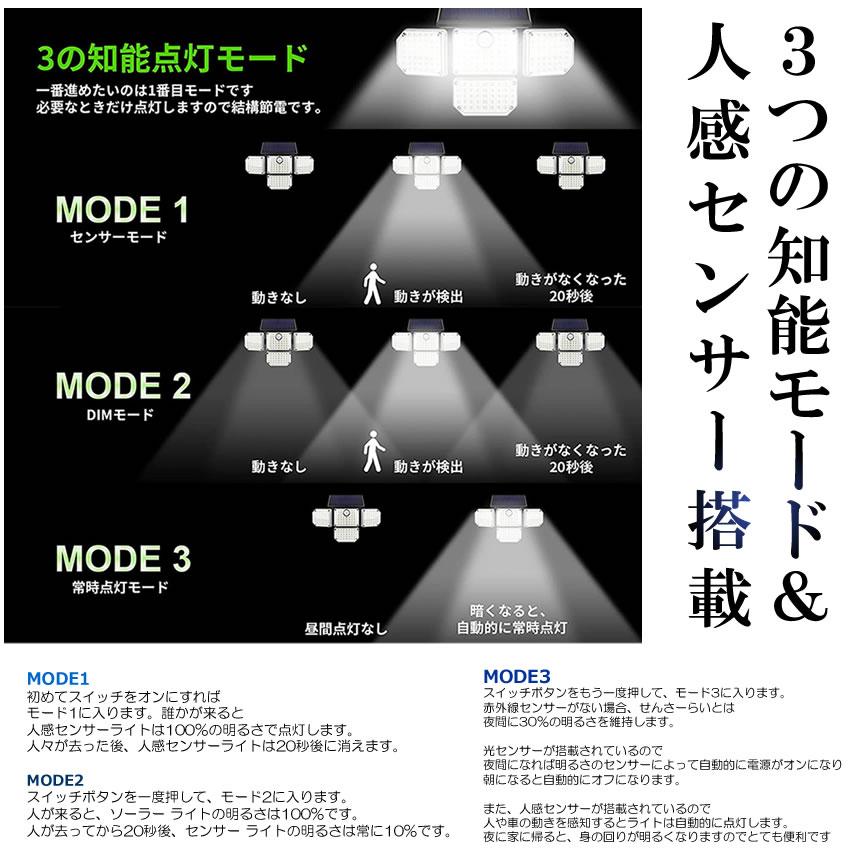 181LED 4面発光 センサーライト 屋外 ソーラー 人感 3つ知能モード 180度 角度回転 1500LM ガーデンライト 自動点灯 IP65防水 181SOOSO｜nexts｜03