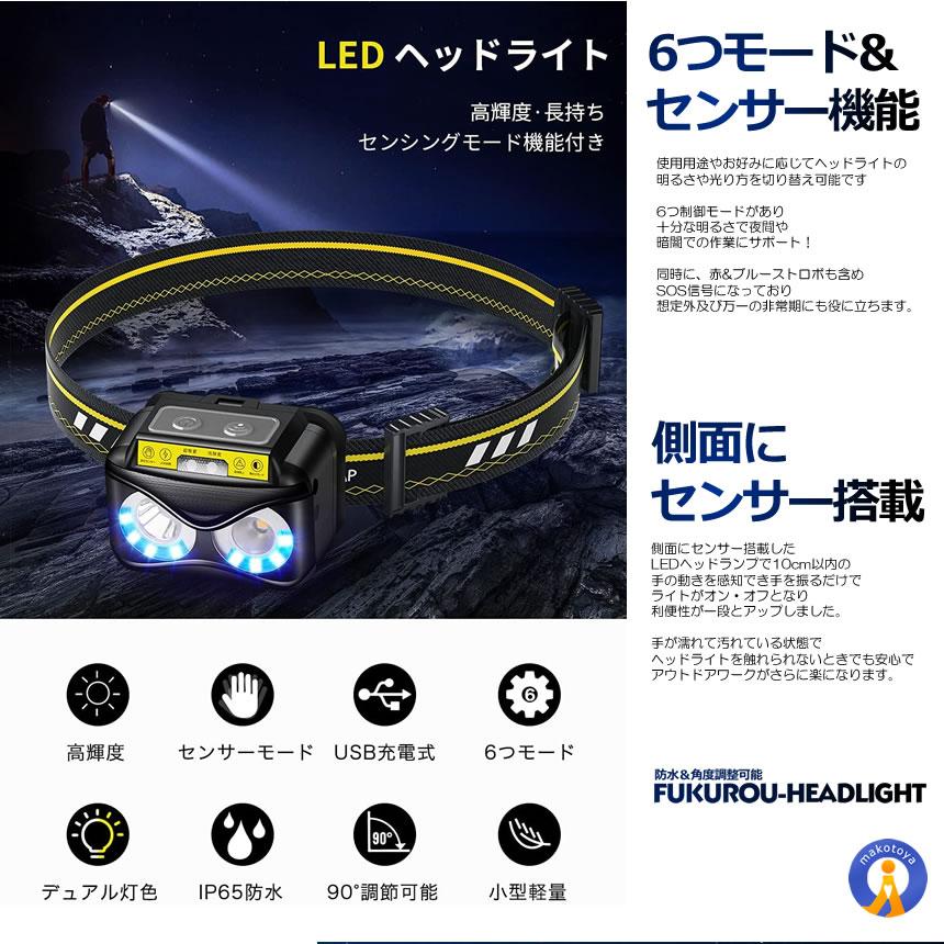 2022新作 ヘッドライト LED ホワイト色 USB充電式 センサーON OFF機能 防災