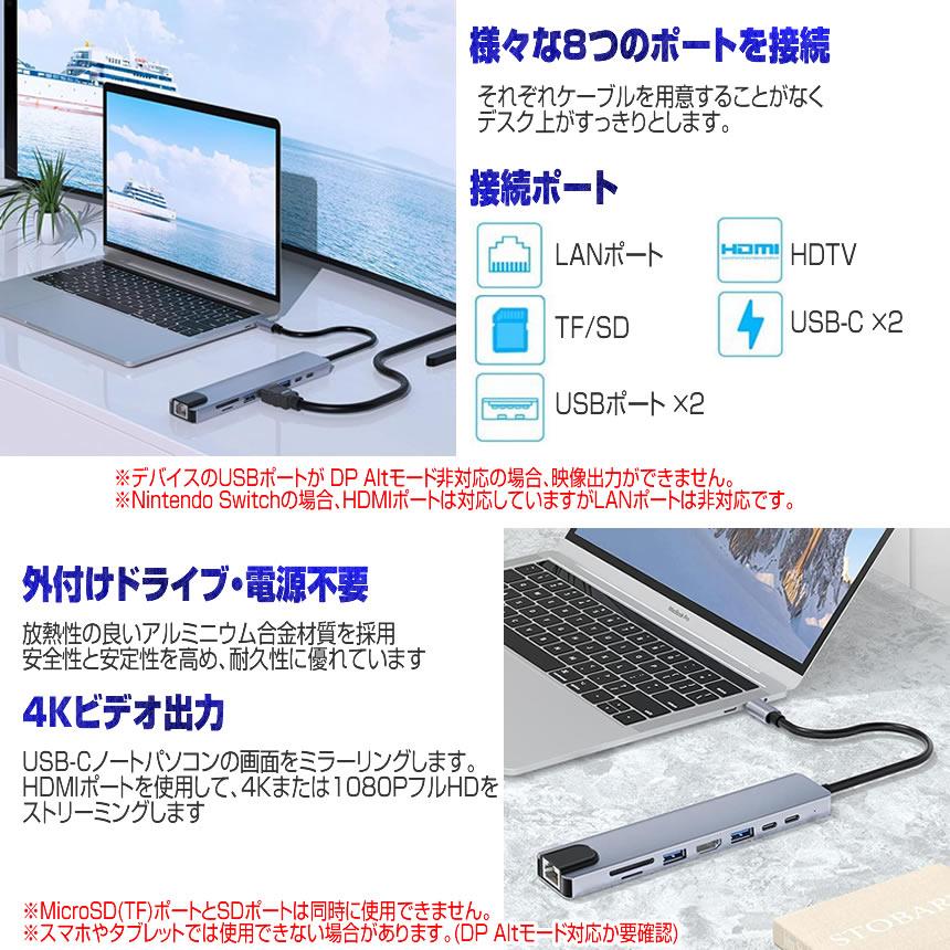 8in1 USBハブ typeC USB ドッキングステーション LANポート HDMI SDカード microSD A1140C｜nexts｜03