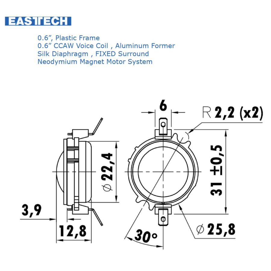 EASTECH FIADT1010-0400 シルクドームツイーターユニット0.8 EASTECH FIADT1010-0400 シルクドームツイーターユニット0.8
