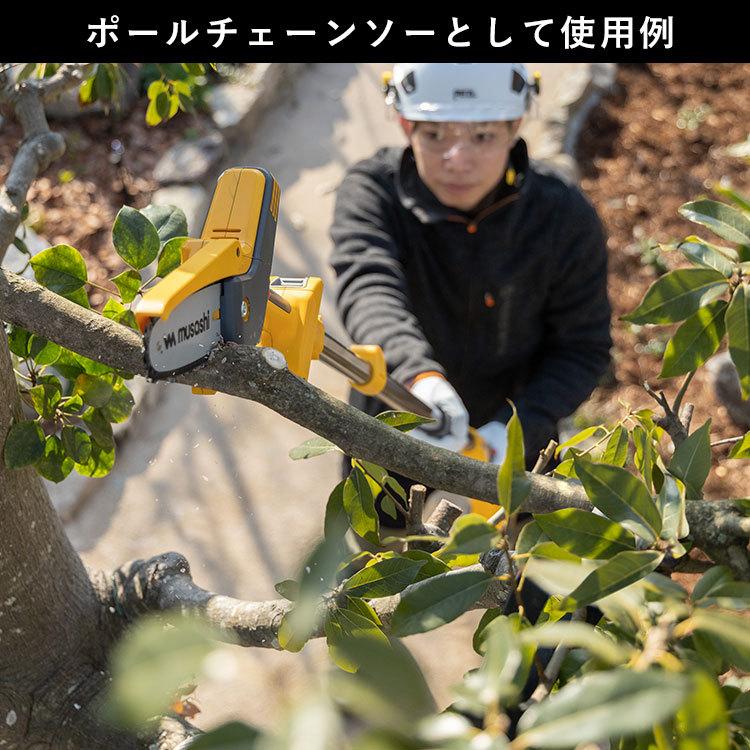 未使用 チェーンソー 充電式 ハンディ + ポールチェーンソー DIY 小型 軽量 コードレス 枝切り 植木 高枝 剪定 ガーデントリマー ムサシ 1.6〜2.2m伸縮 チェーンソー 充電式 ハンディ + ポールチェーンソー DIY 小型 軽量