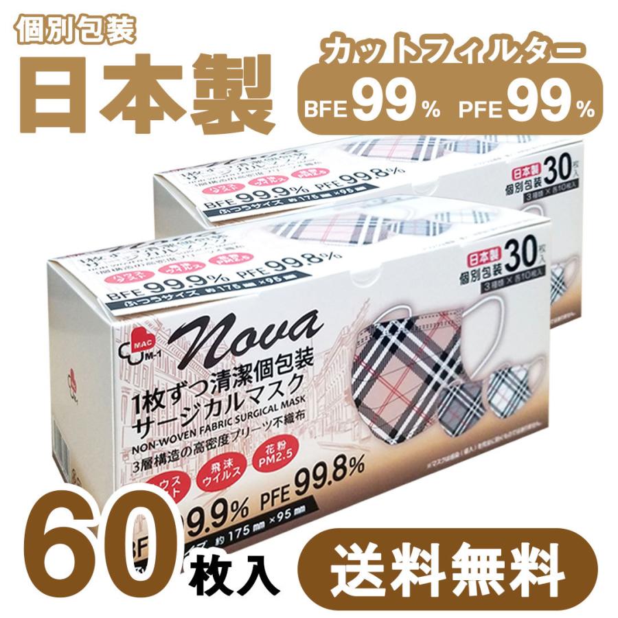 送料無料 2箱セット 日本製 国産 マスク 不織布 個包装 30枚入 普通サイズ 男性 女性 大人 箱 サージカルマスク 使い捨て チェック柄 お洒落 Mac Nova 2 ララ雑貨店 通販 Yahoo ショッピング