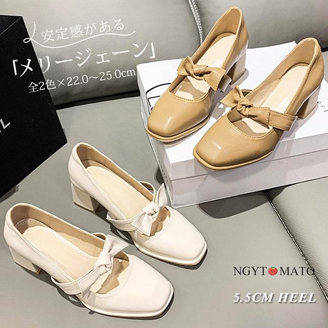 『未使用級』CHEMBUR メリージェーン パンプス スクエア スタッズ リボン メリージェーンパンプス リボン 太めヒール パンプス スクエアトゥ