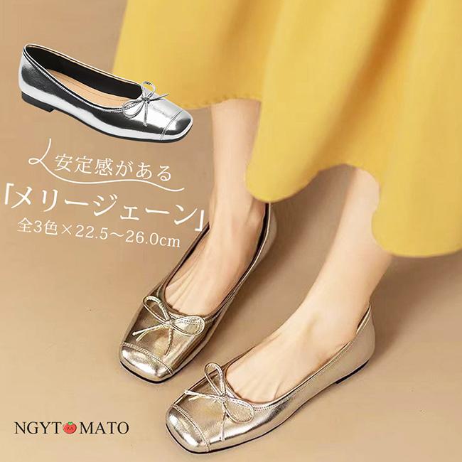 ピッピシック　スクエアトゥバレエシューズ　フラット　シルバー　リボン ピッピシック スクエアトゥバレエシューズ フラット シルバー