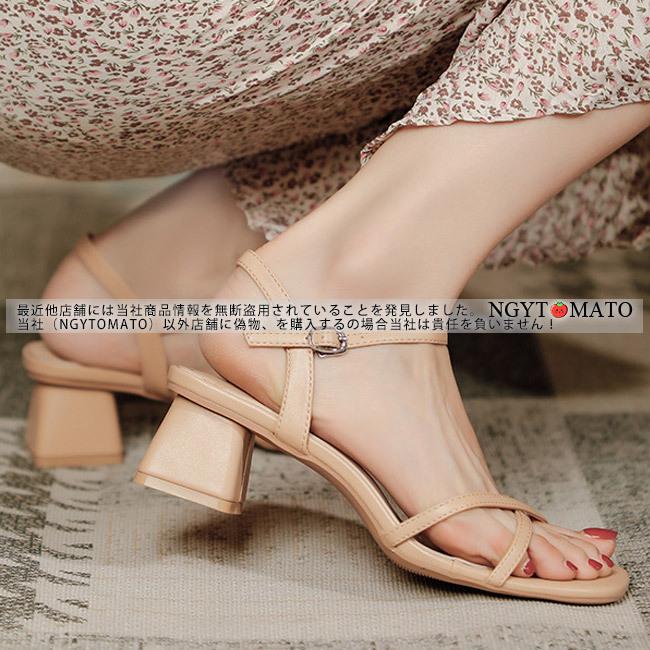 サンダル レディース ストラップサンダル 太めヒール 細ストラップ