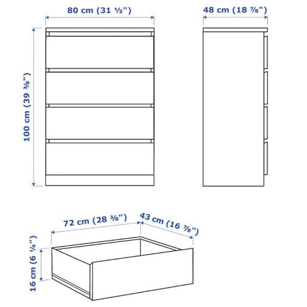 イケア（IKEA） MALM マルム チェスト 引き出し 4段 ホワイト 80x100