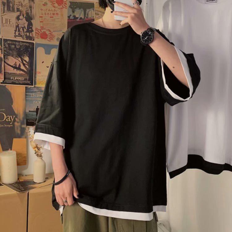 Tシャツ メンズ 五分袖 ビッグシルエット 五分袖tシャツ Tシャツ おしゃれ 5分袖 丸首 切替え 配色 ゆったり 人気の新作 カジュアル ティー シャツ