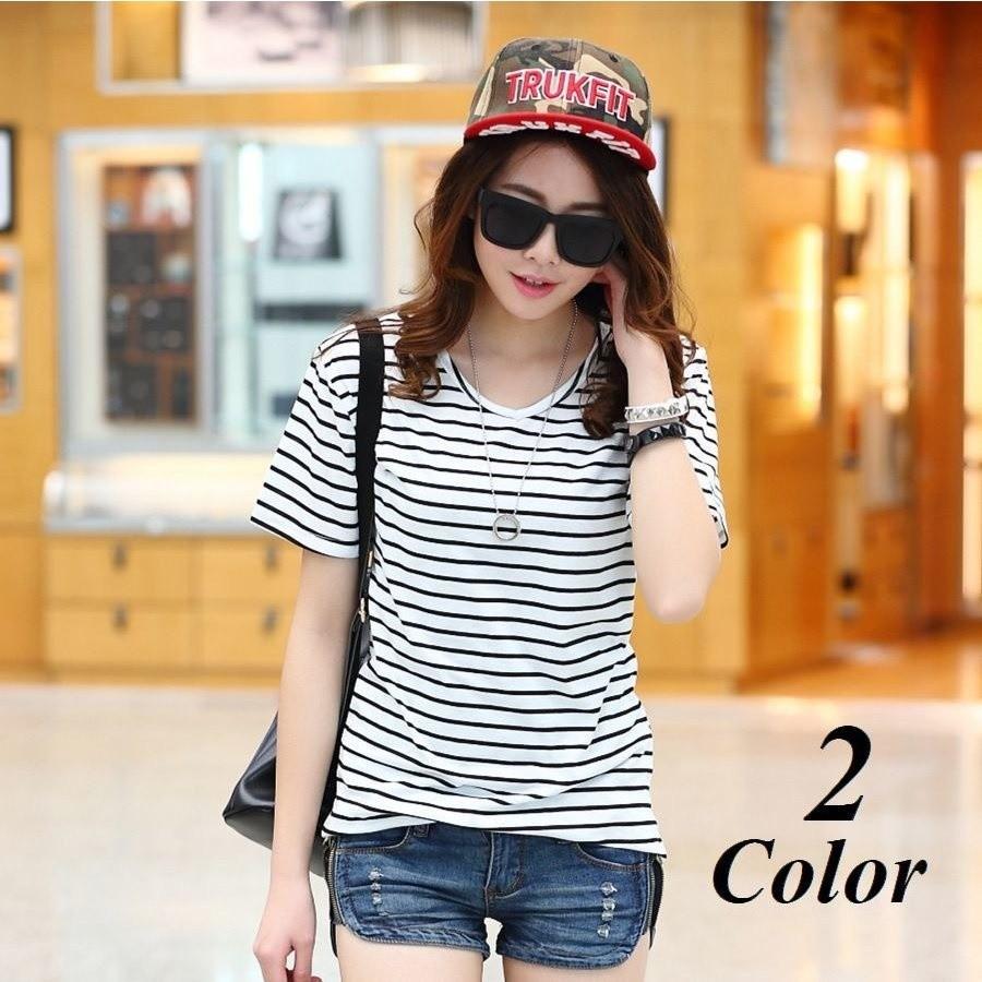 送料無料 Tシャツ 半袖 ラウンドネック ボーダー柄 レディース トップス カットソー おしゃれ カジュアル 可愛い かわいい 女性用 婦人用 M 逆輸入