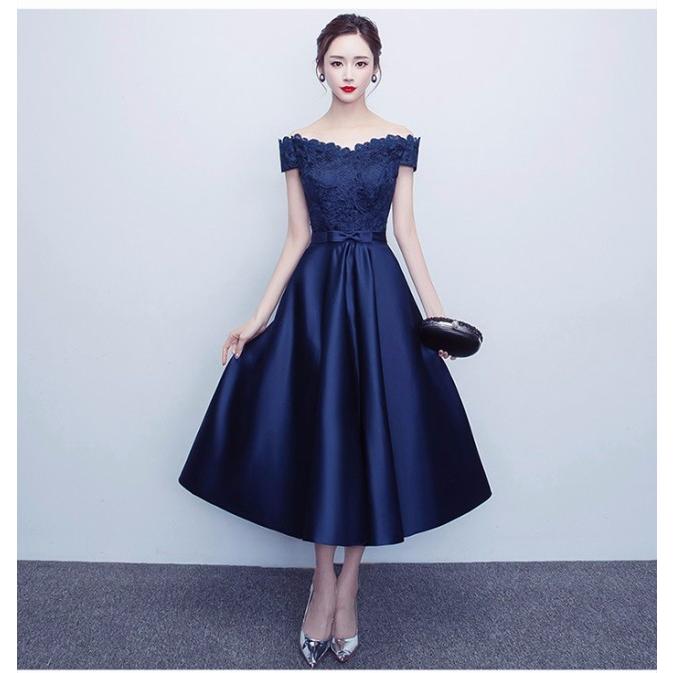 パーティードレス オフショルダー オフショル 膝下丈 ネイビー 結婚式 お呼ばれ 二次会 ワンピース ドレス パーティドレス 服 体型カバー 大きいサイズ Dress013 Bivo Mart 通販 Yahoo ショッピング