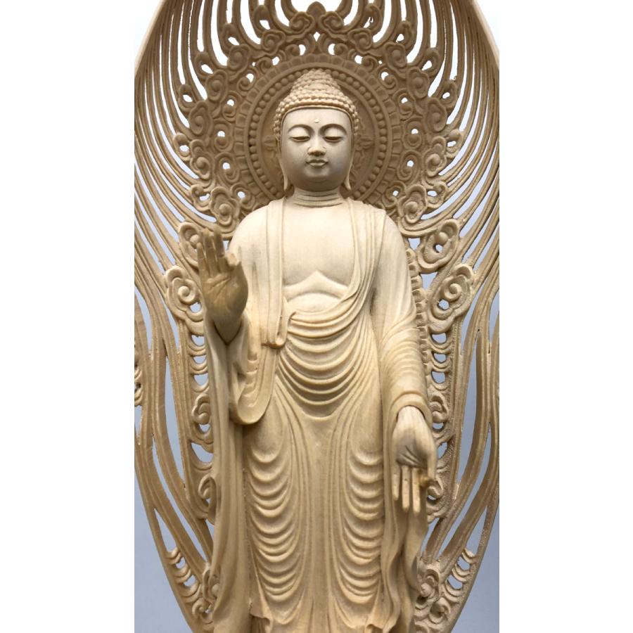 阿弥陀如来立像 6寸#451 舟型来迎雲文光背◆白檀 木彫 仏像 阿弥陀如来立像 6寸#451 舟型来迎雲文光背◇白檀 木彫 仏像
