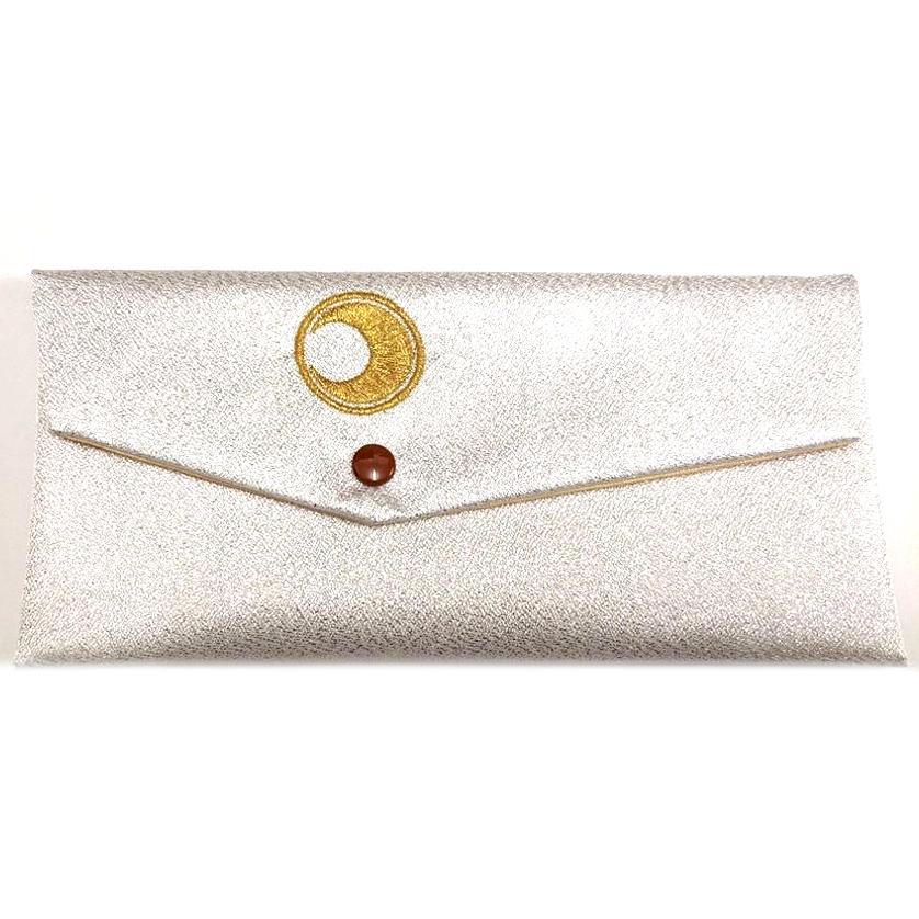 数珠袋 ヨコ型 日月紋入 銀色　金刺繍 メール便対応｜nichirin