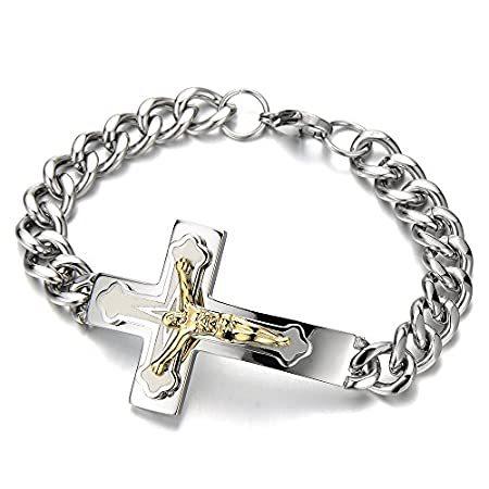 国内初の直営店 Bracelet Cross Crucifix Chris Jesus Steel Stainless Mens Curb ＿並行輸入品 Silver Chain ブレスレット