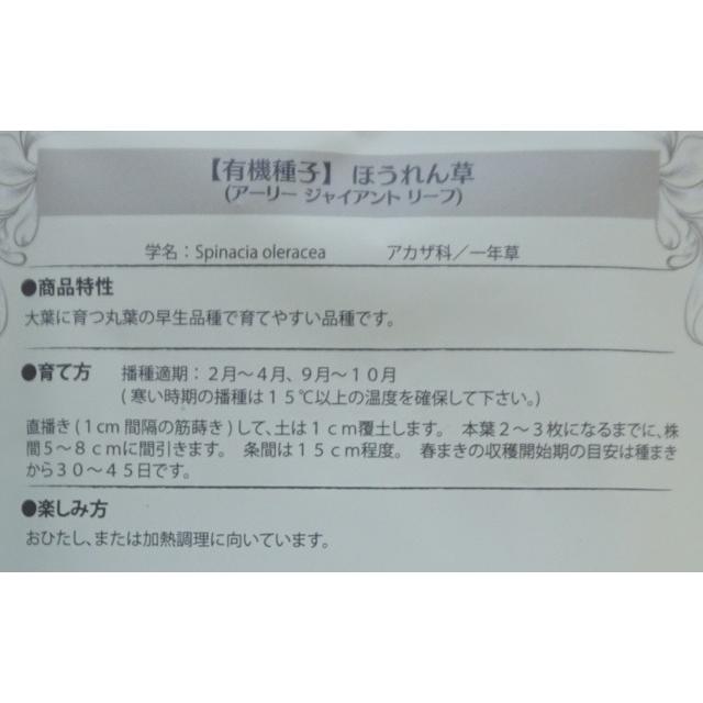 有機種子 固定種 ほうれん草 種 アーリージャイアントリーフ 小袋 4ｇ 2026年11月期限 |  | 02