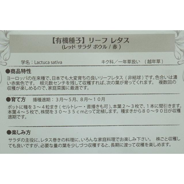 有機種子 固定種 リーフレタス レッドサラダボウル 0.6ｇ 種 小袋 2026年5月期限 |  | 02