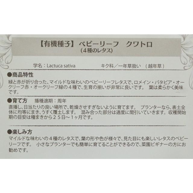 有機種子 固定種 ベビーリーフ クワトロ 0.7ｇ 種 ４種のレタス 2027年5月期限 |  | 02