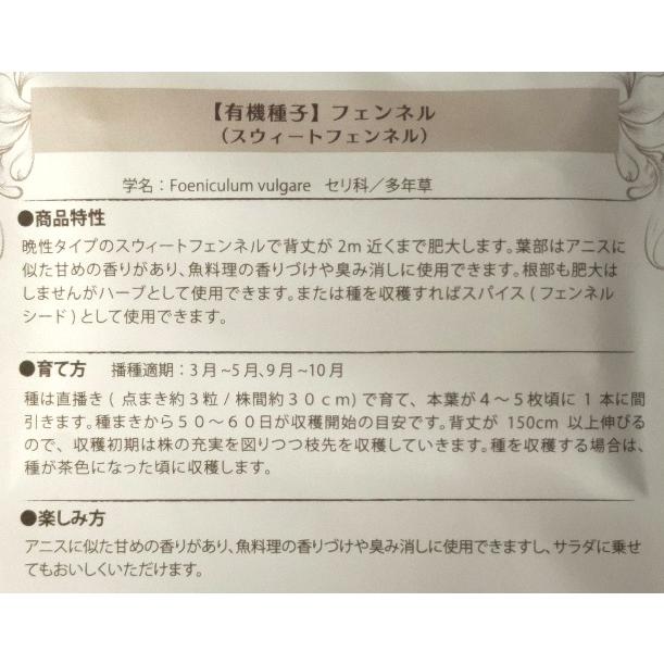 有機種子 固定種 フェンネル スウィートフェンネル 100粒 種 2027年5月期限 |  | 01