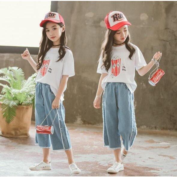 セットアップ 女の子 子供服 夏 半袖 韓国子供服 キッズ 可愛い Tシャツ ワイドパンツ デニムパンツ 上下セット ガチョウ 半袖tシャツ 限定価格セール