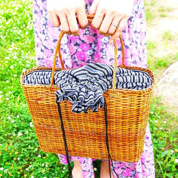 在庫一掃セール】手編みファー付きラタンカゴバッグ インドネシア製  